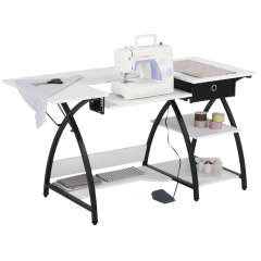 **-Large Sewing Table-** White Top with Black Legs, Sewing Machine Table with Adjustable Platform, Drop Leaf Extension, Storage Shelves and Drawer, Multipurpose: Quilting/Craft Table/Gaming/Computer Desk ##-Sew Ready 13333-##
