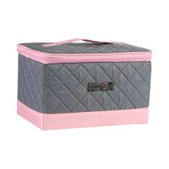 **-Sewing Box with Compartments-** Quilted Grey & Pink, Collapsible Storage and Organiser Basket for Sewing Supplies, Accessories, Thread, Needles and Scissors ##-Everything Mary EVM13203-1-##