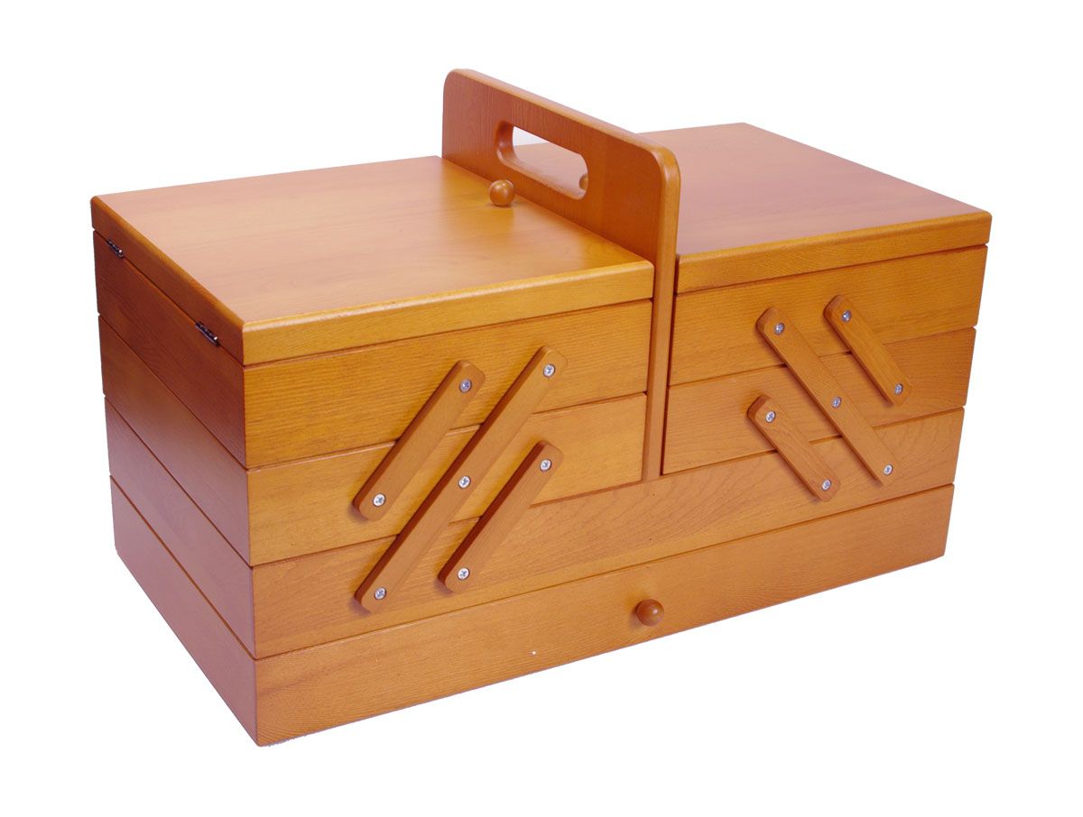 Large Wooden Cantilever Sewing Box Stained Wood With Paper