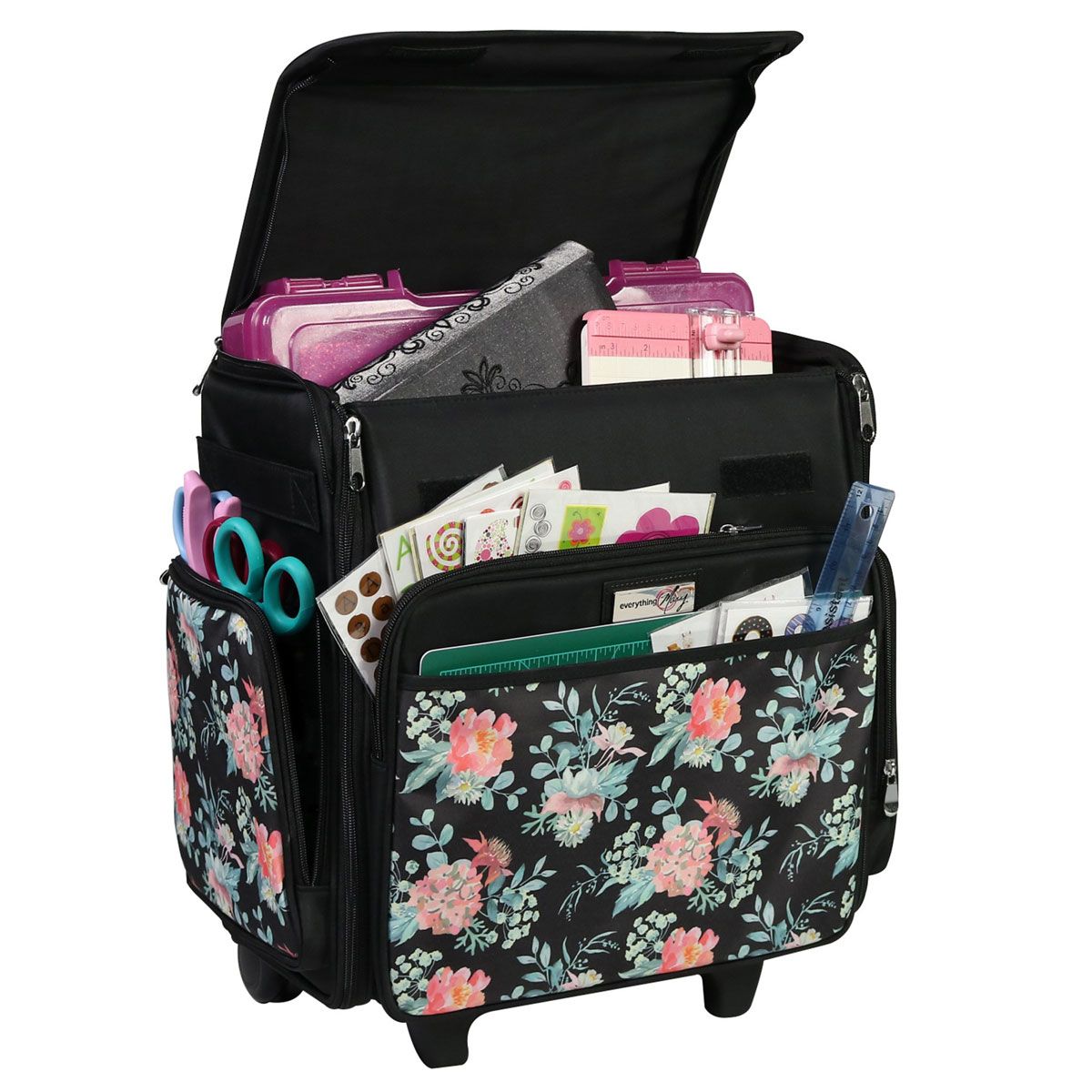 Everything Mary 12777-2 Black & Floral Rolling Tote Bag, 2 Wheeled