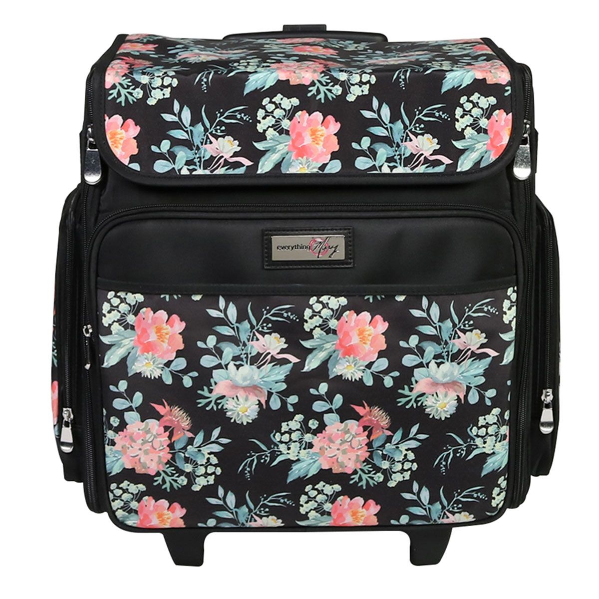 Everything Mary 12777-2 Black & Floral Rolling Tote Bag, 2 Wheeled
