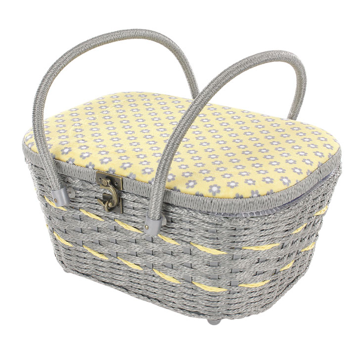 Large Wicker Picnic Sewing Basket Grey Yellow 36 x 16.5 x 26cm