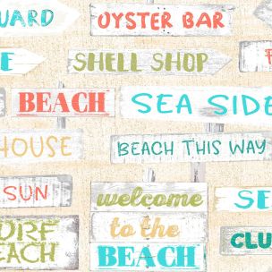 **-Cotton Craft Fabric 110cm wide x 1m Beach Travel Collection-Beach signs-** ##-Sewing Online 17337-CRM-##