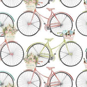 **-Cotton Craft Fabric 110cm wide x 1m Beach Travel Collection-Bicycles-** ##-Sewing Online 17341-WHT-##