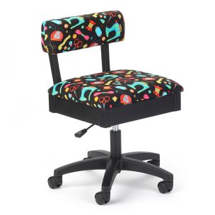 **-Hydraulic Sewing Chair with Underseat Storage-** Black/Multicolour Notions Design/Black Wooden Base, Lumbar Support, Lift Mechanism, 5 Star, 360deg, Swivel Base on Casters. Sewing Room/Home Office ##-Sewing Online HT2014-##