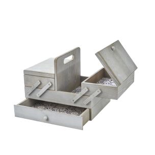 **-Medium Wooden Cantilever Sewing Box-** Grey with Lace inspired Design Interior, 31x24x23cm, 3 Tier Storage and Organiser Box with Compartments for Sewing Supplies, Accessories, Thread, Needles, etc ##-Sewing Online LW5189-##