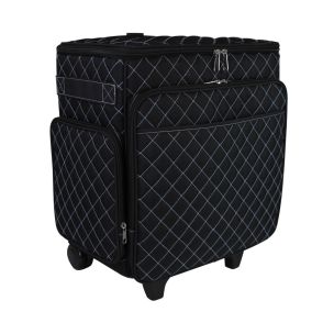**-Craft Trolley Bag-**Black quilted with blue stitching, Papercraft Tote with Wheels for Scrapbook & Art Storage, Organiser Case for Supplies and Accessories##-Everything Mary EVM13737-1-##