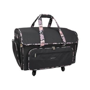 **-XXL 4 Wheel Collapsible Rolling Sewing Machine Storage Case-** Black & Floral Trim ##-Everything Mary EVM14448-4-##
