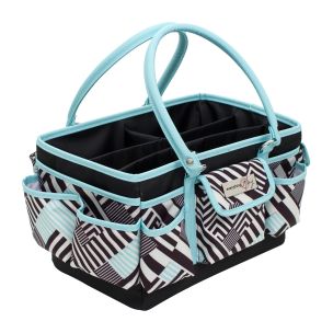 **-Craft Organiser Bag-** Teal Geometric Stripe, Collapsible Caddy and Tote with Compartments for Sewing, Scrapbooking, Paper Craft and Art ##-Everything Mary EVM9152-22-##