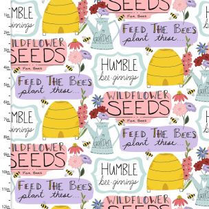 **-Cotton Craft Fabric 110cm wide x 1m Feed The Bees Collection-Garden Words-** ##-Sewing Online 17215-WHT-##