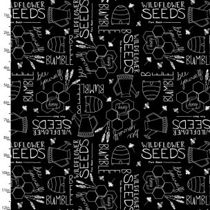 **-Cotton Craft Fabric 110cm wide x 1m Feed The Bees Collection-Seeds-** ##-Sewing Online 17217-BLK-##