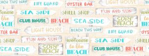 **-Cotton Craft Fabric 110cm wide x 1m Beach Travel Collection-Beach signs-** ##-Sewing Online 17337-CRM-##