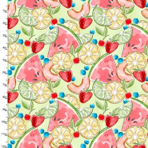 **-Cotton Craft Fabric 110cm wide x 1m Sweet Summertime Collection-Tossed Fruit-** ##-Sewing Online 22956-GRN-##