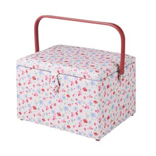 **-Large Sewing Box-** Pink and Blue Floral Fabric | 31 x 23 x 20cm | Storage and Organiser Basket with Compartments for Sewing Supplies, Accessories, Thread, Needles and Scissors ##-Sewing Online GA1121L-##