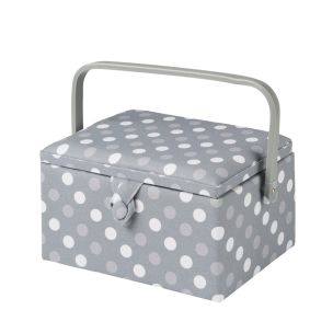 **-Medium Sewing Box-** Grey Spot Fabric | 26 x 18 x 15cm | Storage and Organiser Basket with Compartments for Sewing Supplies, Accessories, Thread, Needles and Scissors ##-Sewing Online GA1129M-##