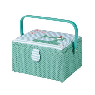 **-Medium Sewing Box-** Green Fabric with a Sewing Machine Aplique Lid | 26x18x15cm | Storage and Organiser Basket with Compartments for Sewing Supplies, Accessories, Thread, Needles and Scissors ##-Sewing Online GA1119M-##