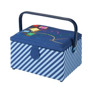 **-Medium Sewing Box-** Blue Fabric with an Embroidered Sewing Thread Lid | 26x18x15cm | Storage and Organiser Basket with Compartments for Sewing Supplies, Accessories, Thread, Needles, Scissors ##-Sewing Online GA1120M-##