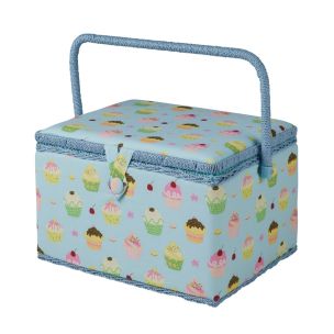 **-Large Sewing Box-** Blue Cupcakes Print Fabric | 31 x 23 x 20cm | Storage and Organiser Basket with Compartments for Sewing Supplies, Accessories, Thread, Needles and Scissors ##-Sewing Online MRL-18-##