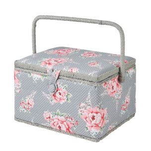 **-Large Sewing Box-** Grey and Pink Floral Print Fabric | 31 x 23 x 20cm | Storage and Organiser Basket with Compartments for Sewing Supplies, Accessories, Thread, Needles and Scissors ##-Sewing Online MRL-190-##