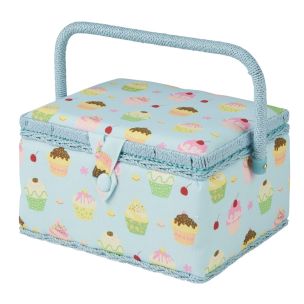 **-Medium Sewing Box-** Blue Cupcakes Print Fabric | 26 x 18 x 15cm | Storage and Organiser Basket with Compartments for Sewing Supplies, Accessories, Thread, Needles and Scissors ##-Sewing Online MRM-18-##