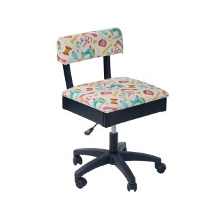 **-Hydraulic Sewing Chair with Underseat Storage-** White/Multicolour Notions Design/Black Wooden Base, Lumbar Support, Lift Mechanism, 5 Star, 360deg, Swivel Base on Casters. Sewing Room/Home Office ##-Sewing Online HT2017-##