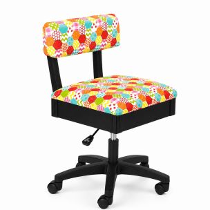 **-Hydraulic Sewing Chair with Underseat Storage-** Multicolour Patchwork Design & Black Wooden Base, Lumbar Support, Lift Mechanism, 5 Star, 360deg, Swivel Base on Casters, Sewing Room/Home Office ##-Sewing Online HT2018-##