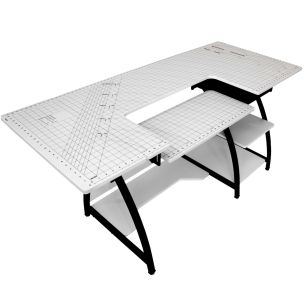 **-Large Sewing Table-** with Gridded White Top and Black Legs, Sewing Machine Table with Adjustable Platform, Drop Leaf Extension, Storage Shelves and Drawer, For Quilting and Craft ##-Sewing Online 13336-##