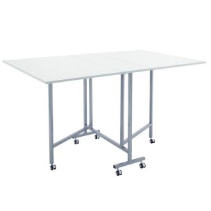 **-Quilting/Fabric Cutting Table-** White Top with Silver Legs and Wheels, Folding Craft Table with Two Drop Leaves, Mobile, Compact and Easy to Store, Extra Workspace for Sewing, Craft/Hobby Projects ##-Sewing Online 13371-##