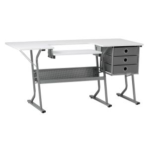 **-Large Sewing Table-** White Top with Grey Legs, Sewing Machine Table with Adjustable Platform, Drop Leaf Extension, Storage Shelf and Drawers, Multipurpose: Quilting/Craft Table/Gaming/Computer Desk ##-Sewing Online 13376-##
