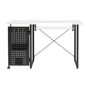 **-Sewing Table with Fold-out Storage Panel-** White/Black Legs, Sewing Machine Table with Adjustable Platform, Drop Leaf Extension, Storage Hooks and Baskets, For Quilting and Craft ##-Sewing Online 13396-##