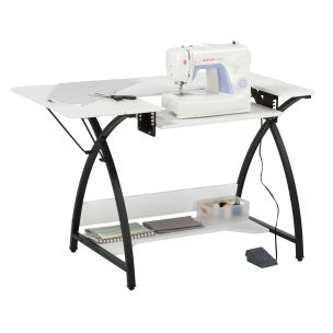 **-Small Sewing Table-** White Top with Black Legs, Sewing Machine Table with Adjustable Platform, Drop Leaf Extension and Storage Shelf, Multipurpose: Use as a Quilting/Craft Table or Gaming/Computer Desk ##-Sew Ready 13332-##