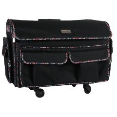 **-XXL Sewing Machine Trolley Bag on 4 Wheels-**Black with Floral Trim, 360 degree 4 wheeled sewing machine storage case for large machines - Brother, Singer, Bernina, and most others##-Everything Mary EVM13342-1-##