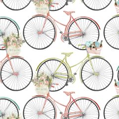 **-Cotton Craft Fabric 110cm wide x 1m Beach Travel Collection-Bicycles-** ##-Sewing Online 17341-WHT-##