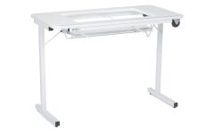 **-Gidget Folding Sewing Table-** White Top with White Legs, Sewing Machine Table with Adjustable Platform, Folding Legs for Easy Storage/Transport Wheels, Quilting/Craft Table/Gaming/Computer Desk ##-SewingOnline GIDGET2-##