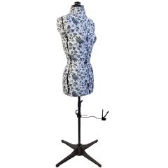 **-Adjustable Dressmakers Dummy in Botanical Pattern Fabric-** Black, Sizes Petite, Small, Medium and Large, 8-part Dress Form with 4-Footed Base with Hem Marker ##-Sewing Online 5924-##