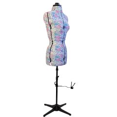 **-Adjustable Dressmakers Dummy in Hydrangea Pattern Fabric-** Pink, Sizes Petite, Small, Medium and Large, 8-part Dress Form with 4-Footed Base with Hem Marker ##-Sewing Online 5925-##