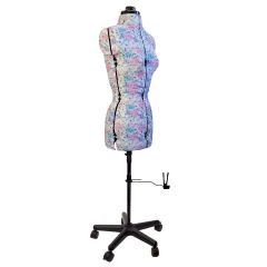 **-Adjustable Dressmakers Dummy in Hydrangea Pattern Fabric-** Pink, Sizes Petite, Small, Medium and Large, 8-part Dress Form with 5-Castor Base with Hem Marker ##-Sewing Online 5926-##