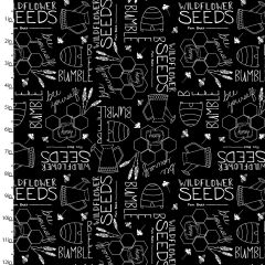 **-Cotton Craft Fabric 110cm wide x 1m Feed The Bees Collection-Seeds-** ##-Sewing Online 17217-BLK-##