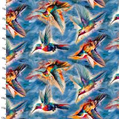**-Cotton Craft Fabric 110cm wide x 1m Hummingbird Bouquet Collection-Fanciful Flyers-** ##-Sewing Online 22960-BLU-##