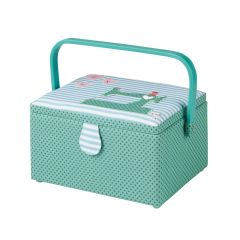 **-Medium Sewing Box-** Green Fabric with a Sewing Machine Aplique Lid | 26x18x15cm | Storage and Organiser Basket with Compartments for Sewing Supplies, Accessories, Thread, Needles and Scissors ##-Sewing Online GA1119M-##