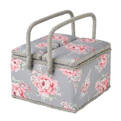 **-Extra Large Twin Lid Sewing Box-** Grey and Pink Floral Print Fabric, 25 x 25 x 17cm, Storage and Organiser Basket with Compartments for Sewing Supplies, Accessories, Thread, Needles, Scissors ##-Sewing Online MRLTLE-190-##