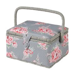 **-Medium Sewing Box-** Grey and Pink Floral Print Fabric | 26 x 18 x 15cm | Storage and Organiser Basket with Compartments for Sewing Supplies, Accessories, Thread, Needles and Scissors ##-Sewing Online MRM-190-##