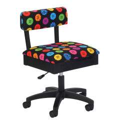 **-Hydraulic Sewing Chair with Underseat Storage-** Black/Multicolour Buttons Design & Black Wooden Base - Lumbar Support, Lift Mechanism, 5 Star 360deg Swivel Base on Casters. Sewing Room/Home Office ##-Sewing Online HT2013-##