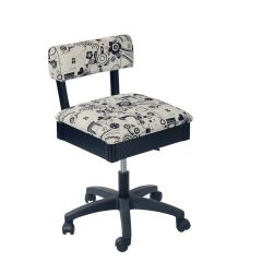 **-Hydraulic Sewing Chair with Underseat Storage-** White/Black Sewing Notions/Black Wood Base, Lumbar Support, Lift Mechanism, 5 Star, 360deg, Swivel Base on Casters, For Your Sewing Room/Home Office ##-Sewing Online HT2016-##