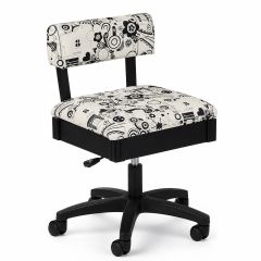 **-Hydraulic Sewing Chair with Underseat Storage-** White/Black Sewing Notions/Black Wood Base, Lumbar Support, Lift Mechanism, 5 Star, 360deg, Swivel Base on Casters, For Your Sewing Room/Home Office ##-Sewing Online HT2016-##