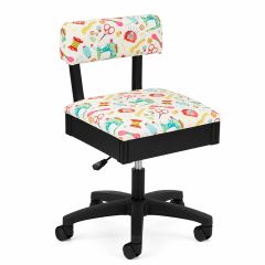 **-Hydraulic Sewing Chair with Underseat Storage-** White/Multicolour Notions Design/Black Wooden Base, Lumbar Support, Lift Mechanism, 5 Star, 360deg, Swivel Base on Casters. Sewing Room/Home Office ##-Sewing Online HT2017-##