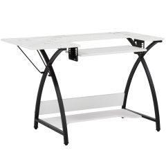**-Small Sewing Table with Gridded Top-** White with Black Legs, Sewing Machine Table with Adjustable Platform, Drop Leaf Extension and Storage Shelf, Use as a Quilting Table or Computer Desk ##-Sewing Online 13331-##