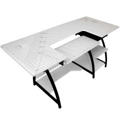 **-Large Sewing Table-** with Gridded White Top and Black Legs, Sewing Machine Table with Adjustable Platform, Drop Leaf Extension, Storage Shelves and Drawer, For Quilting and Craft ##-Sewing Online 13336-##