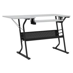 **-Small Sewing Table-** White Top with Black Legs, Sewing Machine Table with Adjustable Platform, Drop Leaf Extension and Storage Shelf, Multipurpose: Use as Quilting/Craft Table/Gaming/Computer Desk ##-Sewing Online 13367-##