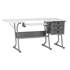 **-Large Sewing Table-** White Top with Grey Legs, Sewing Machine Table with Adjustable Platform, Drop Leaf Extension, Storage Shelf and Drawers, Multipurpose: Quilting/Craft Table/Gaming/Computer Desk ##-Sewing Online 13376-##